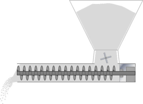 Graphical representation of a Screw Feeder - hopper dispensing powder into tube with screw feeder inside